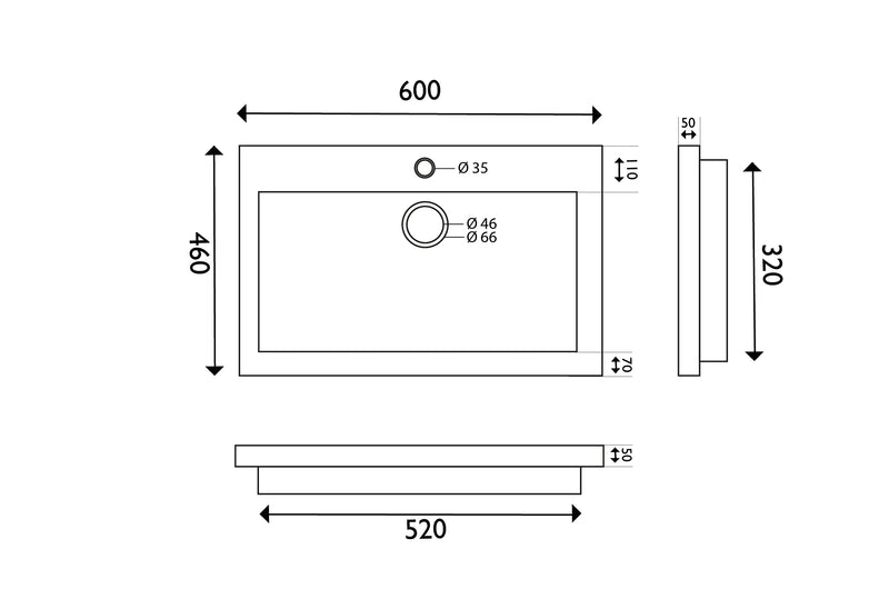 Raw wastafel enkel met 1 kraangat 60x46x5 cm hardsteen gezoet