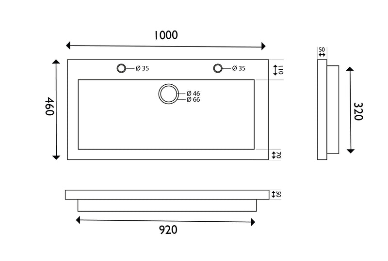 Raw wastafel enkel met 2 kraangaten 100x46x5 cm hardsteen gezoet