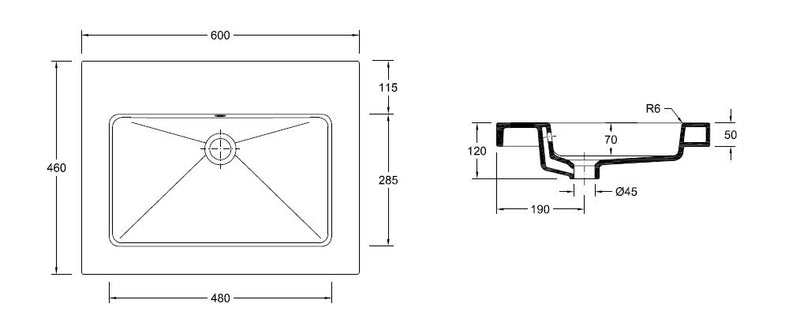 Kera wastafel enkel zonder kraangat 60x46x5 cm keramiek glans wit