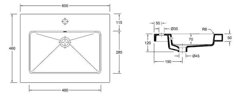 Kera wastafel enkel met 1 kraangat 60x46x5 cm keramiek glans wit