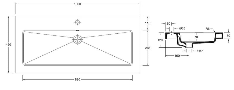 Kera wastafel enkel met 1 kraangat 100x46x5 cm keramiek glans wit
