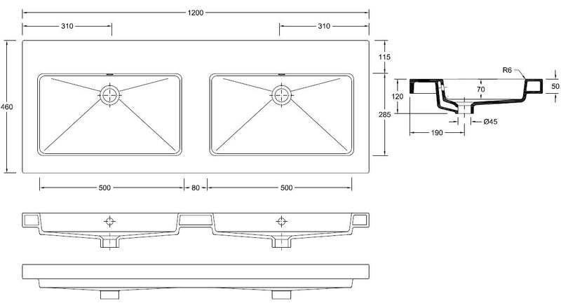 Kera wastafel dubbel zonder kraangat 120x46x5 cm keramiek glans wit