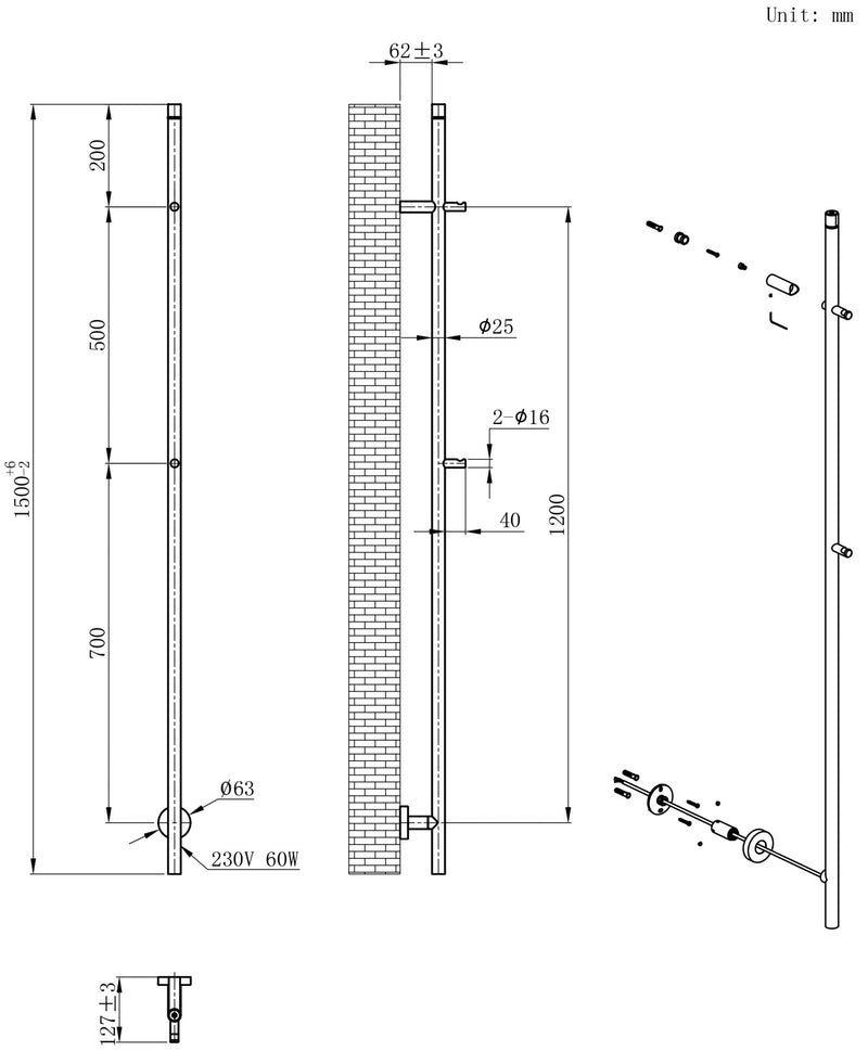 Callista elektrische staafhanddoekradiator 60 Watt 150 cm gunmetal PVD