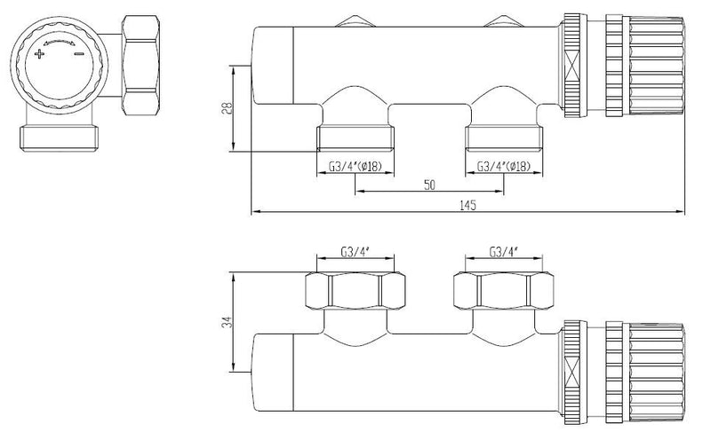 thermostatisch 3/4 onderblok haaks-rechts chroom
