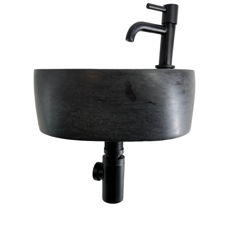 Complete Fonteinset Gustav Hardsteen met Mat Zwarte Kraan en Afvoerset by L'Aqua®