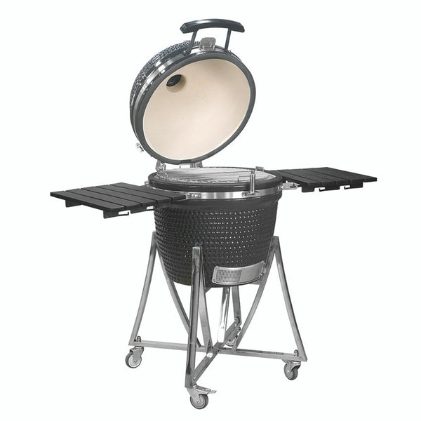 Landmann Kamado Barbecue 22 Inch Large - Keramische Houtskool BBQ - Met Trolley Onderstel & Zijtafels - Inclusief Thermometer & Rooster - 10+ Steaks Capaciteit - Grijs - Zwart