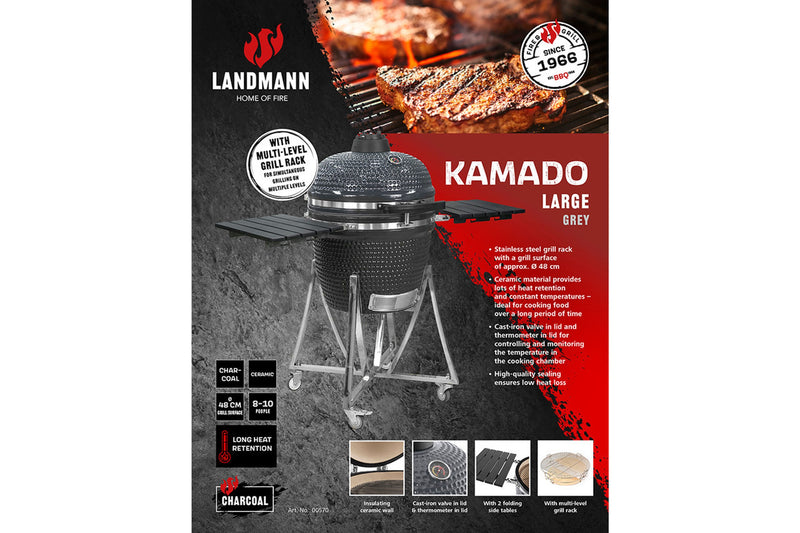 Landmann Kamado Barbecue 22 Inch Large - Keramische Houtskool BBQ - Met Trolley Onderstel & Zijtafels - Inclusief Thermometer & Rooster - 10+ Steaks Capaciteit - Grijs - Zwart