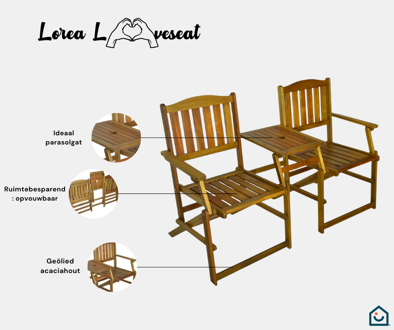 Tuinbank Loveseat Set 2 Persoons Acacia Hout Met Tafel Parasolgat Opvouwbaar 141x61x87 cm