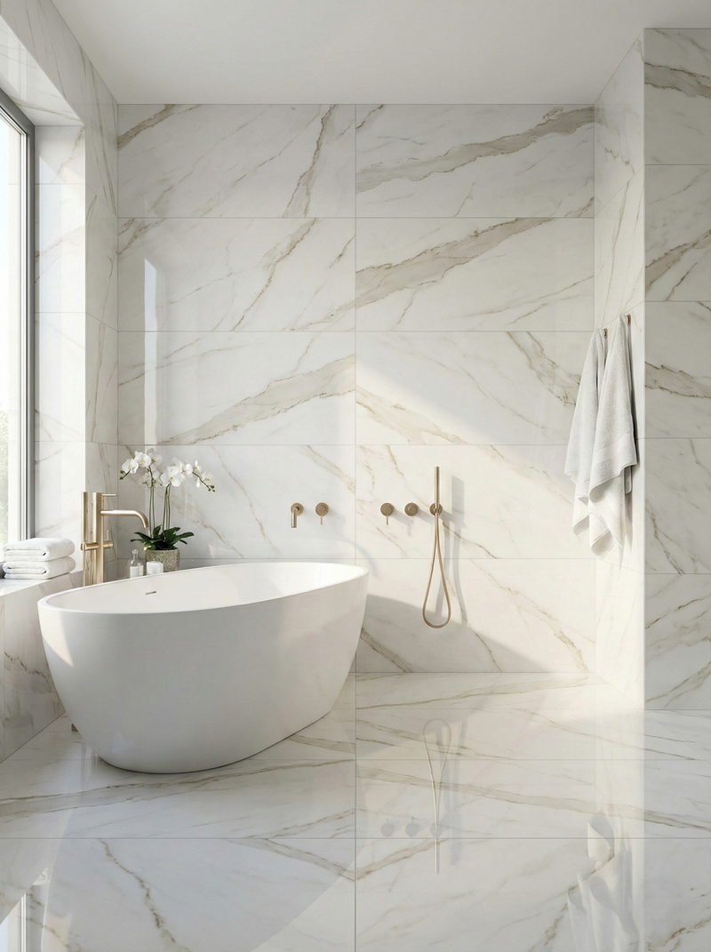 Vloertegel Calacatta Jade Wit 60x120 cm Rechthoek – Porselein Hoogglans Gerectificeerd – Marmerlook met Grijze Adering