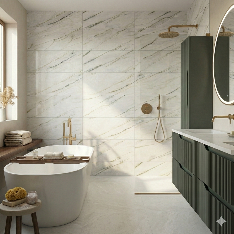 Calacatta Verde Matt Carved Floor Tile 60x120 cm Rectangle – Rectified Ceramic – Marble Look Glossy Veins