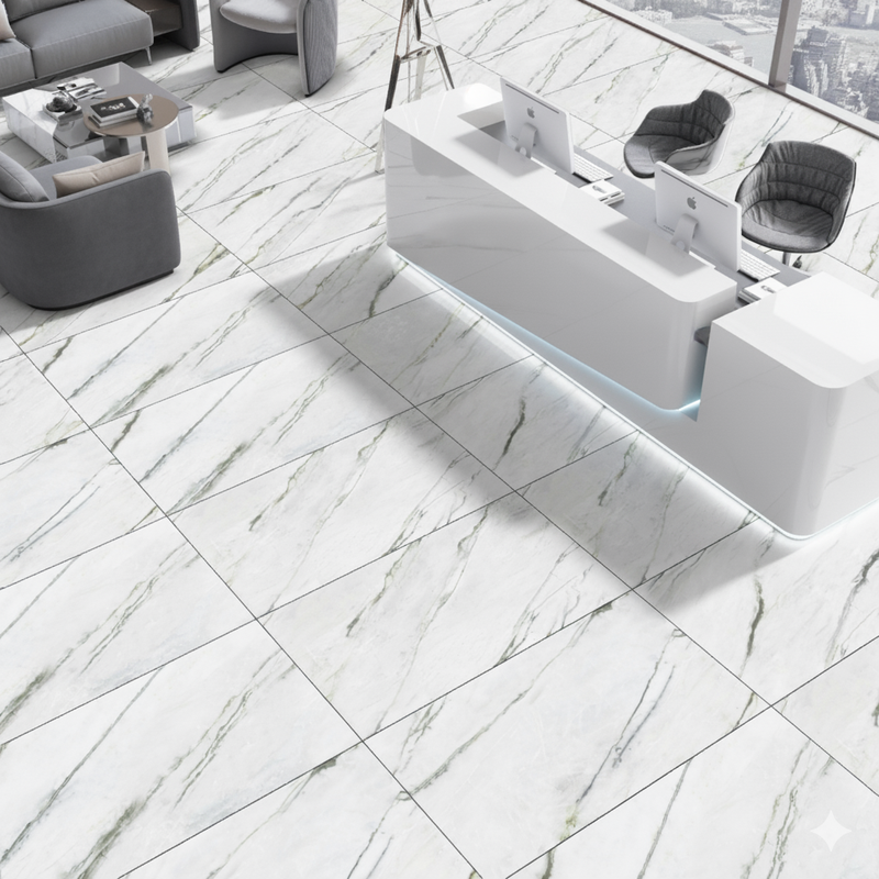 Vloertegel Calacatta Verde Mat Carved 60x120 cm Rechthoek – Keramiek Gerectificeerd – Marmerlook Glanzende Aderen