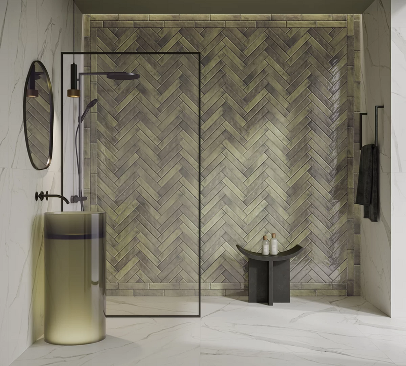 Wandtegel Monpelli Olive Mix 6,5x29,8 cm Rechthoek – Keramiek Glans Gerectificeerd – Olijfgroene Tinten