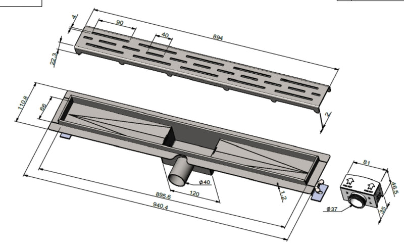 Douchegoot Classic 90 cm Gun metal RVS  by L'Aqua®